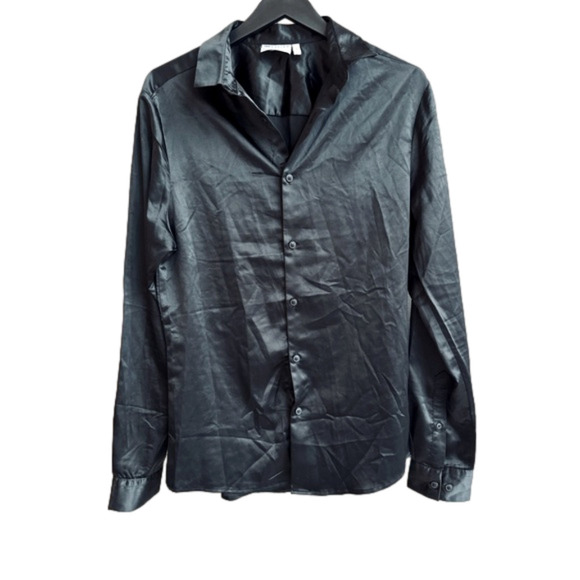 ASOS Design Sleek Button-Down Dress Shirt Black Satin Size Medium - Picture 1 of 9